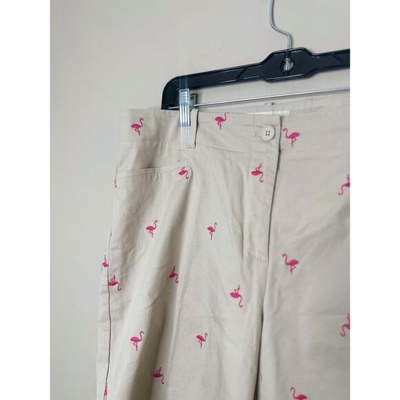 Talbots Chino Shorts 14 Tan Pink Flamingo Print Bermuda 10" Inseam Beach Preppy - Picture 2 of 6
